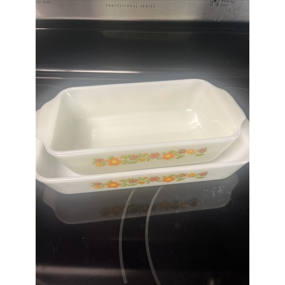 Vtg Anchor Hocking Fire-King Rectangular Baking Dishes 432/441 Gingham Flowers